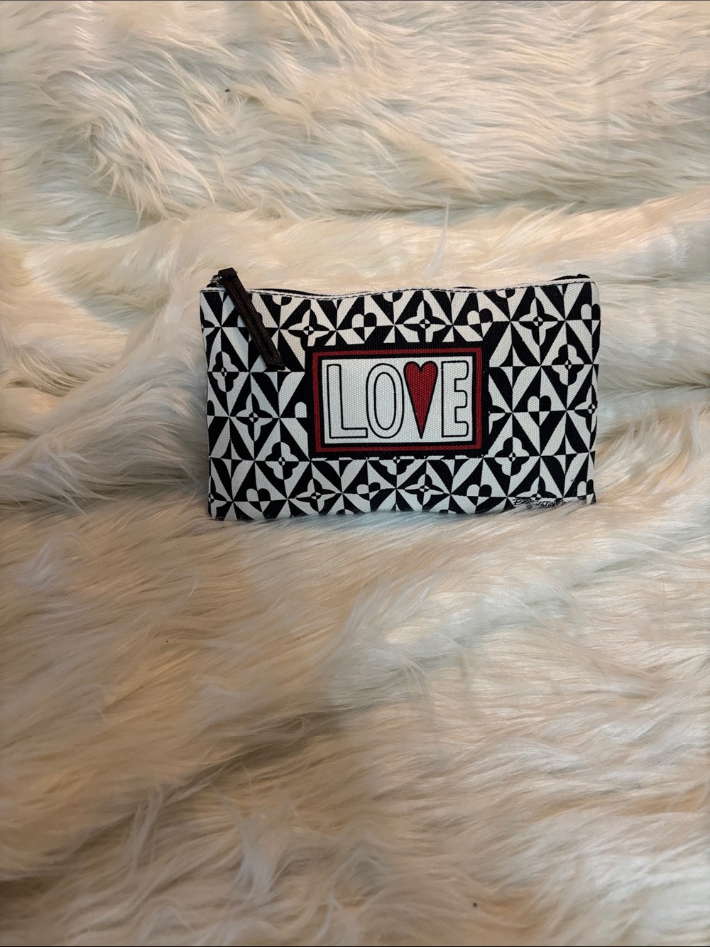 Brighton Black & White LOVE Cosmetic Pouch with Red Heart Accent